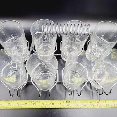 VINTAGE METAL GLASS RACK W/ CLEAR ETCHED MATCHING GLASSES