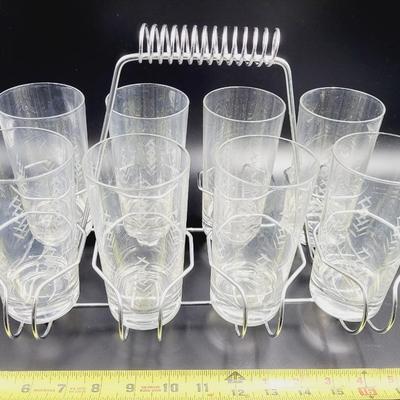 VINTAGE METAL GLASS RACK W/ CLEAR ETCHED MATCHING GLASSES