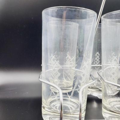 VINTAGE METAL GLASS RACK W/ CLEAR ETCHED MATCHING GLASSES