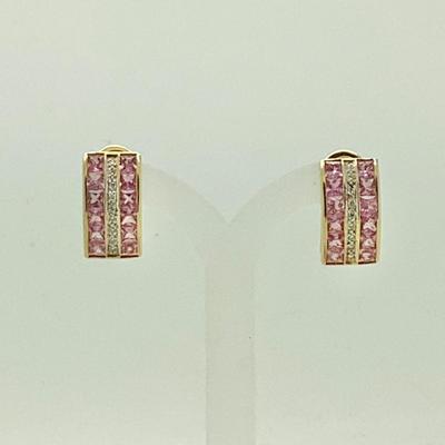 #8258 18K Yellow Gold Pink Sapphire and Diamond Earrings