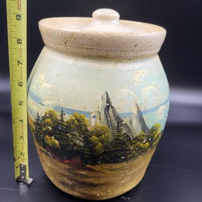 AMAZING HANDPAINTED SCENERY POTTERY CANNISTER