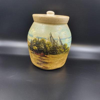 AMAZING HANDPAINTED SCENERY POTTERY CANNISTER