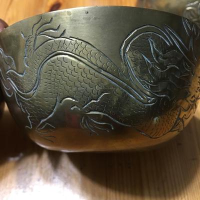 Vintage brass Chinese etched bowl