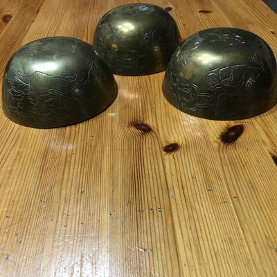 3 pc Vintage brass Chinese etched bowls