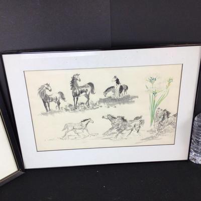 6320 Jack Schroeder 1980 Waterfowl Sketch with Horse Watercolor