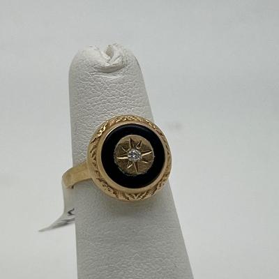 6343 14k Yellow Gold Diamond Black Onyx Ladies Ring
