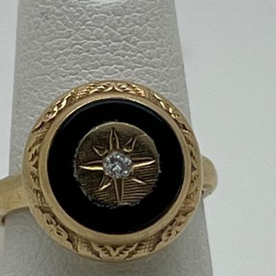 6343 14k Yellow Gold Diamond Black Onyx Ladies Ring