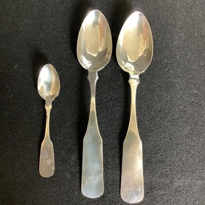 6332 Pair of Large Spoons Early Coin Silver J.Draper/Small R.W. Wilson Spoon Coin Silver