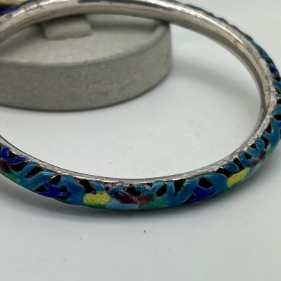 6365 Vintage Enamel Silver Slip on Bangle and Cuff Links