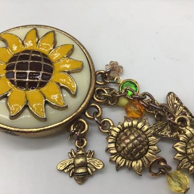 Vintage Porcelain Enamel Sunflower Charm Brooch or Pendant