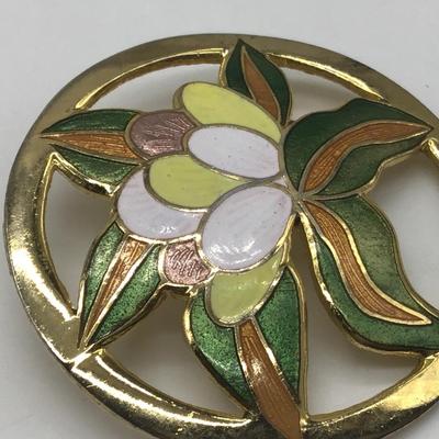 Vintage  Floral Brooch  Green Yellow  Gold Tone
