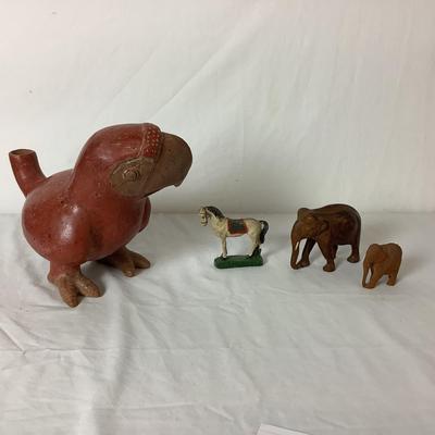 Lot 6352 Vintage Ceramic Figure of a Parrot. Pair of Hand Carved Wooden Elephants, Wooden Carved Horse
