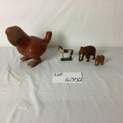 Lot 6352 Vintage Ceramic Figure of a Parrot. Pair of Hand Carved Wooden Elephants, Wooden Carved Horse