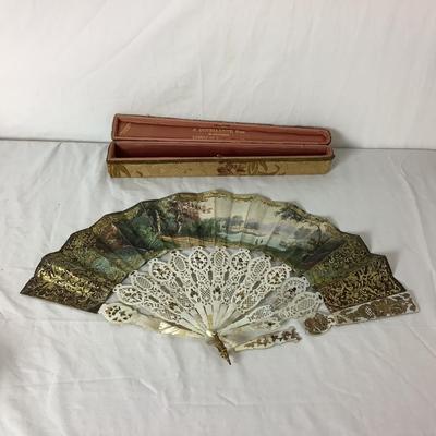 Lot 6353. Antique J. Duvelleroy, Paris, Hand Painted, Mother of Pearl Hand Fan