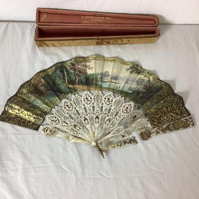 Lot 6353. Antique J. Duvelleroy, Paris, Hand Painted, Mother of Pearl Hand Fan