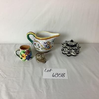 Lot 6358. Italian, Hand Painted Ceramic Ink Well, Italian Hand Painted Creamers, Hand Painted Owl