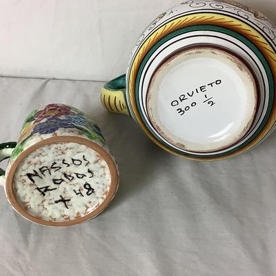 Lot 6358. Italian, Hand Painted Ceramic Ink Well, Italian Hand Painted Creamers, Hand Painted Owl