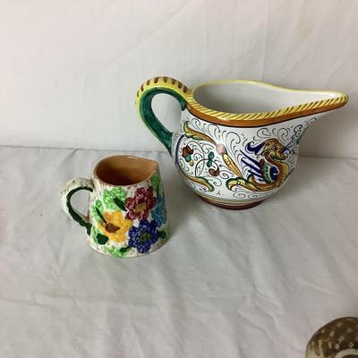 Lot 6358. Italian, Hand Painted Ceramic Ink Well, Italian Hand Painted Creamers, Hand Painted Owl