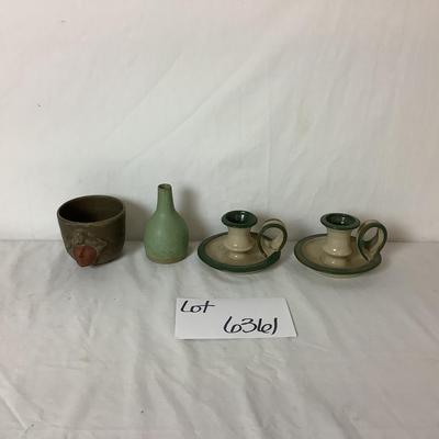 Lot 6361  Pair of Stoneware Finger Candle Holder, Small Stone Bud Vase, Decorative Salt-glazed Cup