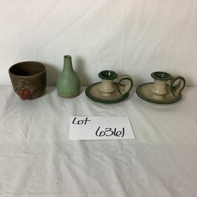 Lot 6361  Pair of Stoneware Finger Candle Holder, Small Stone Bud Vase, Decorative Salt-glazed Cup