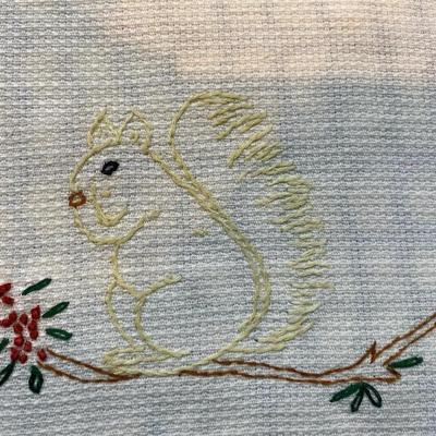 Darling Antique Baby Child Placemat Hand Embroidered Squirrel Vintage Hand Stitched Doily