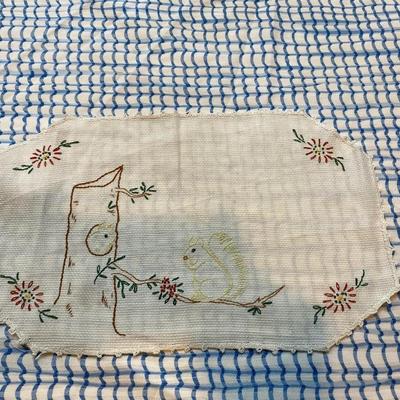 Darling Antique Baby Child Placemat Hand Embroidered Squirrel Vintage Hand Stitched Doily