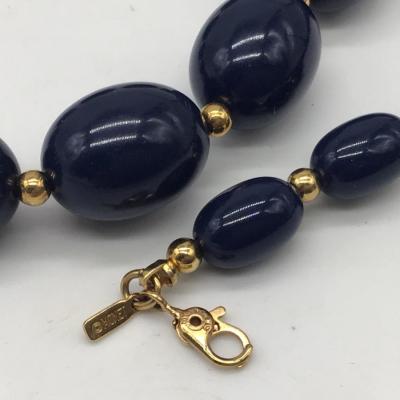 Monet Navy Blue Lucite Bead Gold Accent Classic Necklace Lobster Claw Clasp