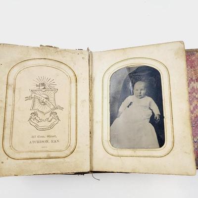 ANTIQUE PHOTO ALBUM W/ PHOTOS - MANY TIN TYPE