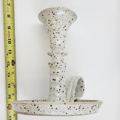 SIGNED SPECKLED POTTERY CANDLE HOLDER