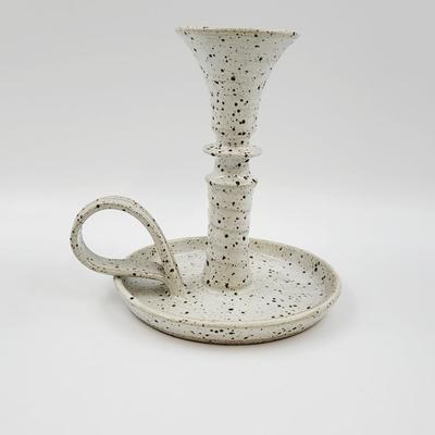 SIGNED SPECKLED POTTERY CANDLE HOLDER