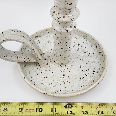 SIGNED SPECKLED POTTERY CANDLE HOLDER