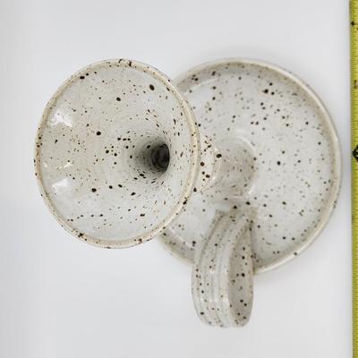 SIGNED SPECKLED POTTERY CANDLE HOLDER