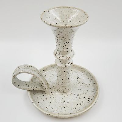 SIGNED SPECKLED POTTERY CANDLE HOLDER