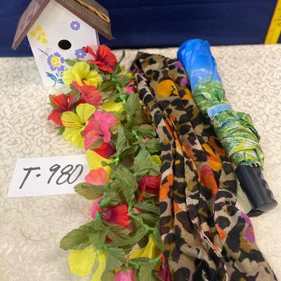 Bird House, scarf and umbrella