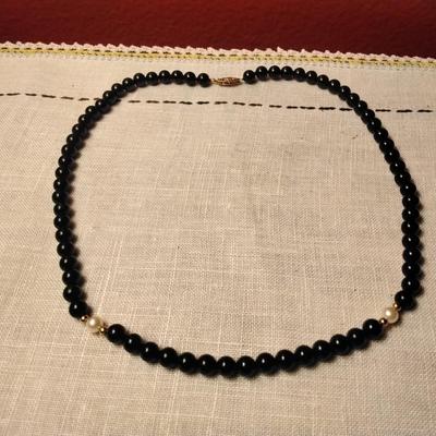 IPS Onyx and Pearl Necklace 14K Beads and Clasp
