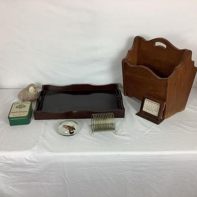 Lot. 6385. Wooden Tray, paperweight, Magazine holder, GS badges, Calendar