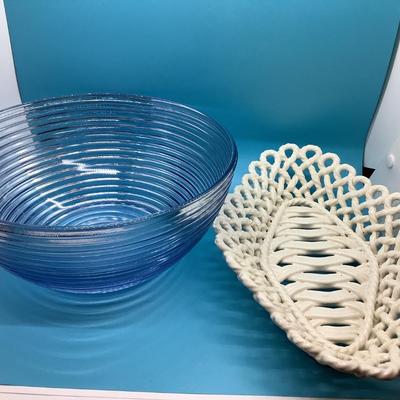 Art Deco glass bowl & woven bread basket