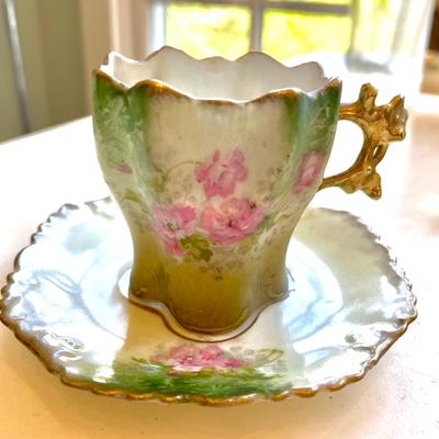 Stunning Antique Fine German Porcelain Cup and Saucer Gilt Floral Handle