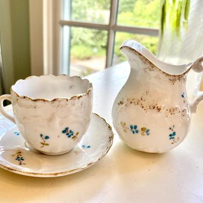 Antique Early Porcelain  Single Cup Saucer & Cream Pitcher w HP Blue Flowers