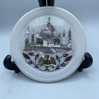Mother of Pearl and Stone Inlay on White Marble Plate