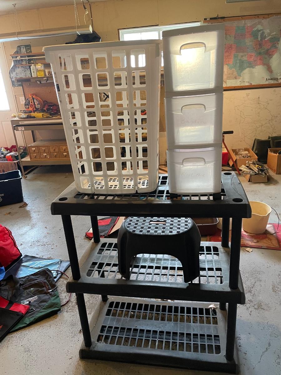 Black plastic shelving step stool 3 drawer storage bins and laundry