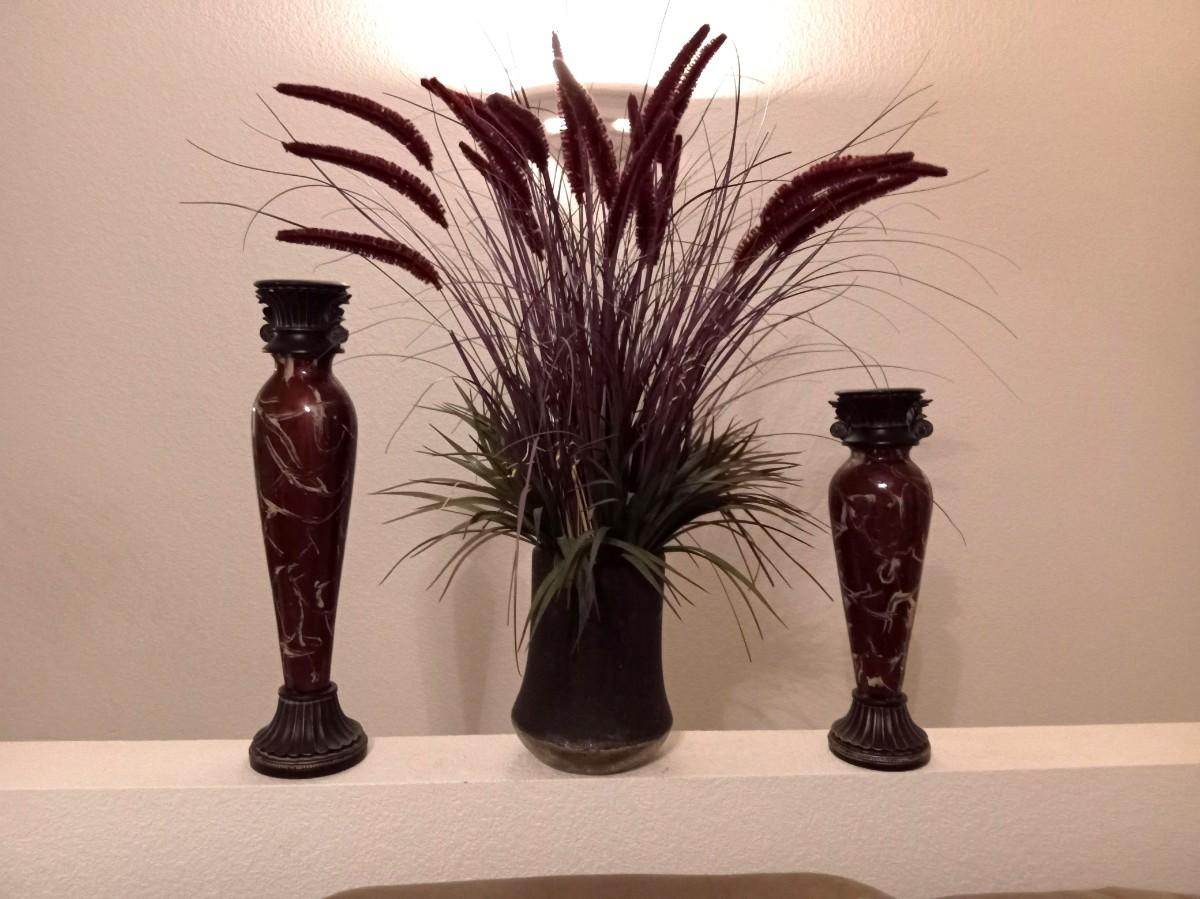 BURGUNDY VASES WITH FAUX BURGUNDY FOLIAGE