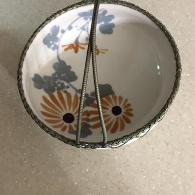 Antique Porcelain Japanese  AWAJI Bowl in Silver Wire handle