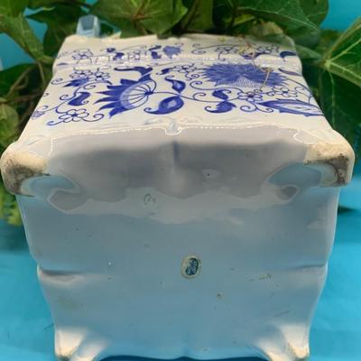 Plant pot - square footed blue/white