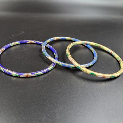 VINTAGE CLOISONNE BANGLE ENAMEL ON BRASS COLORFUL BRACELET TRIO