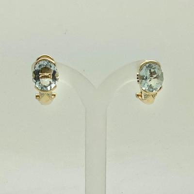 #8269 14K Yellow Gold Aquamarine & Diamond Hoop Earrings