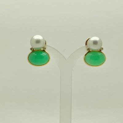 #8277 18K Yellow Gold Pearl, Jade and Diamond Earrings