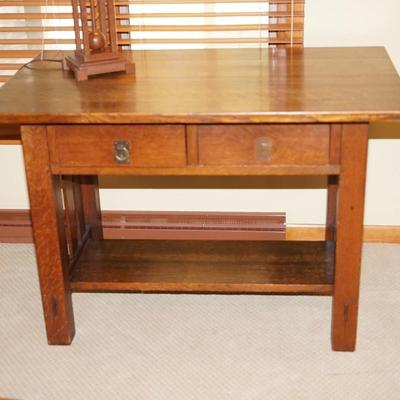 "QUAINT" LABEL ON BASE  1900'S OAK ARTS AND CRAFTS STYLE WRITING DESK TWO DRAWER /COPPER PULLS