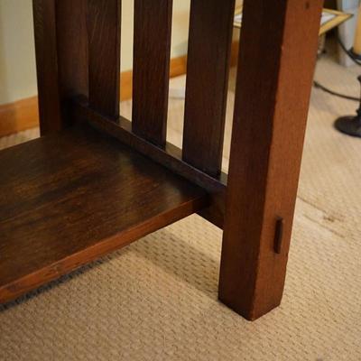 "QUAINT" LABEL ON BASE  1900'S OAK ARTS AND CRAFTS STYLE WRITING DESK TWO DRAWER /COPPER PULLS