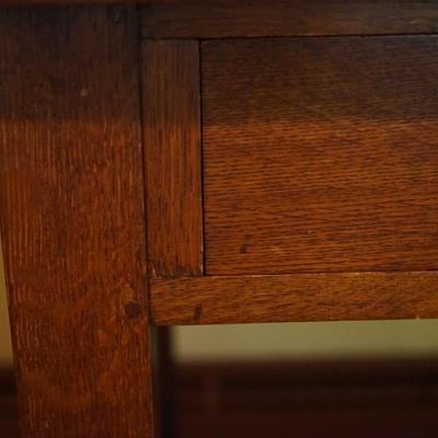 "QUAINT" LABEL ON BASE  1900'S OAK ARTS AND CRAFTS STYLE WRITING DESK TWO DRAWER /COPPER PULLS